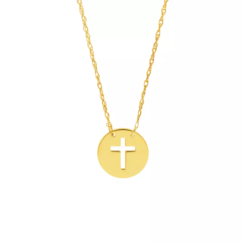 14K Yellow Gold Mini Cross Disc Gold Necklace