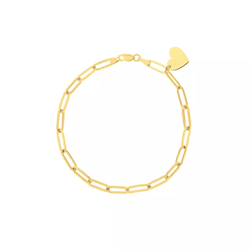 14K Yellow Gold Heart Charm Paperclip Gold Bracelet