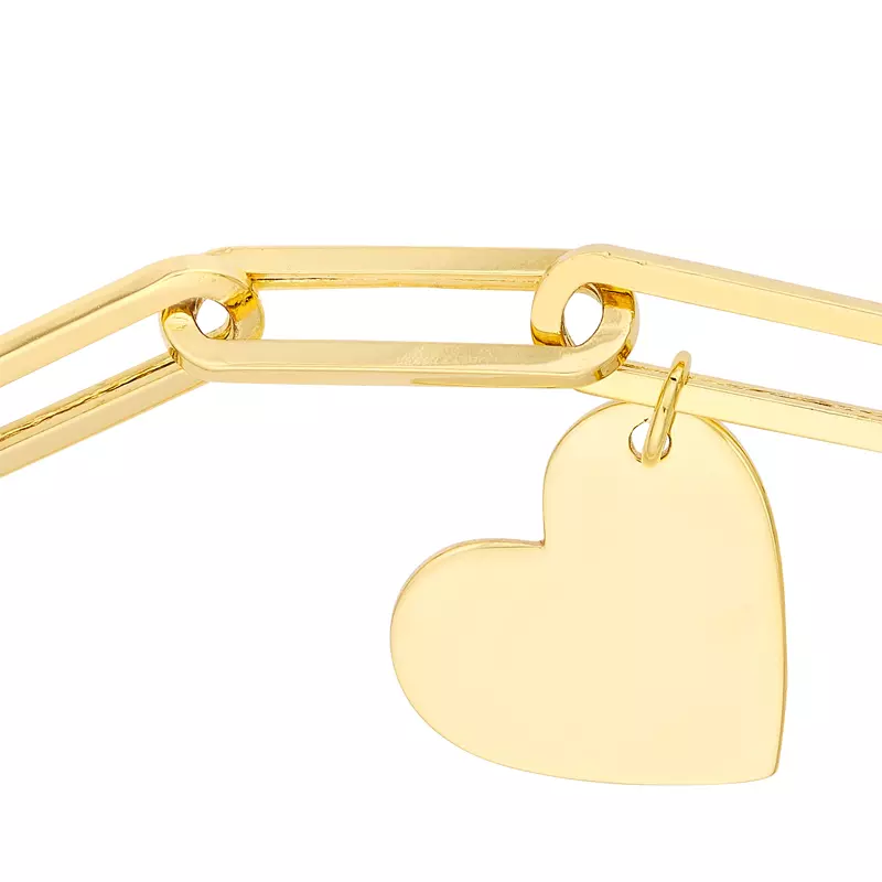 14K Yellow Gold Heart Charm Paperclip Gold Bracelet