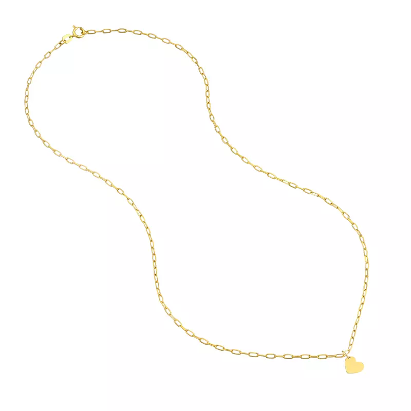 14K Yellow Gold Heart Charm Paper Clip Gold Necklace