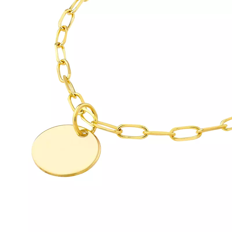 14K Yellow Gold Disc Charm Paper Clip Gold Necklace