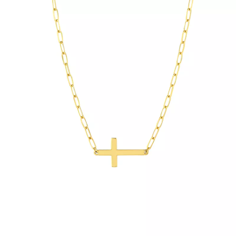 Sideways Cross Paper Clip Gold Necklace