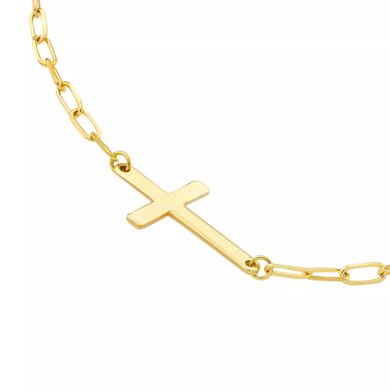 14K Yellow Gold Sideways Cross Paper Clip Gold Necklace