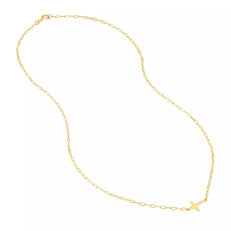 14K Yellow Gold Sideways Cross Paper Clip Gold Necklace