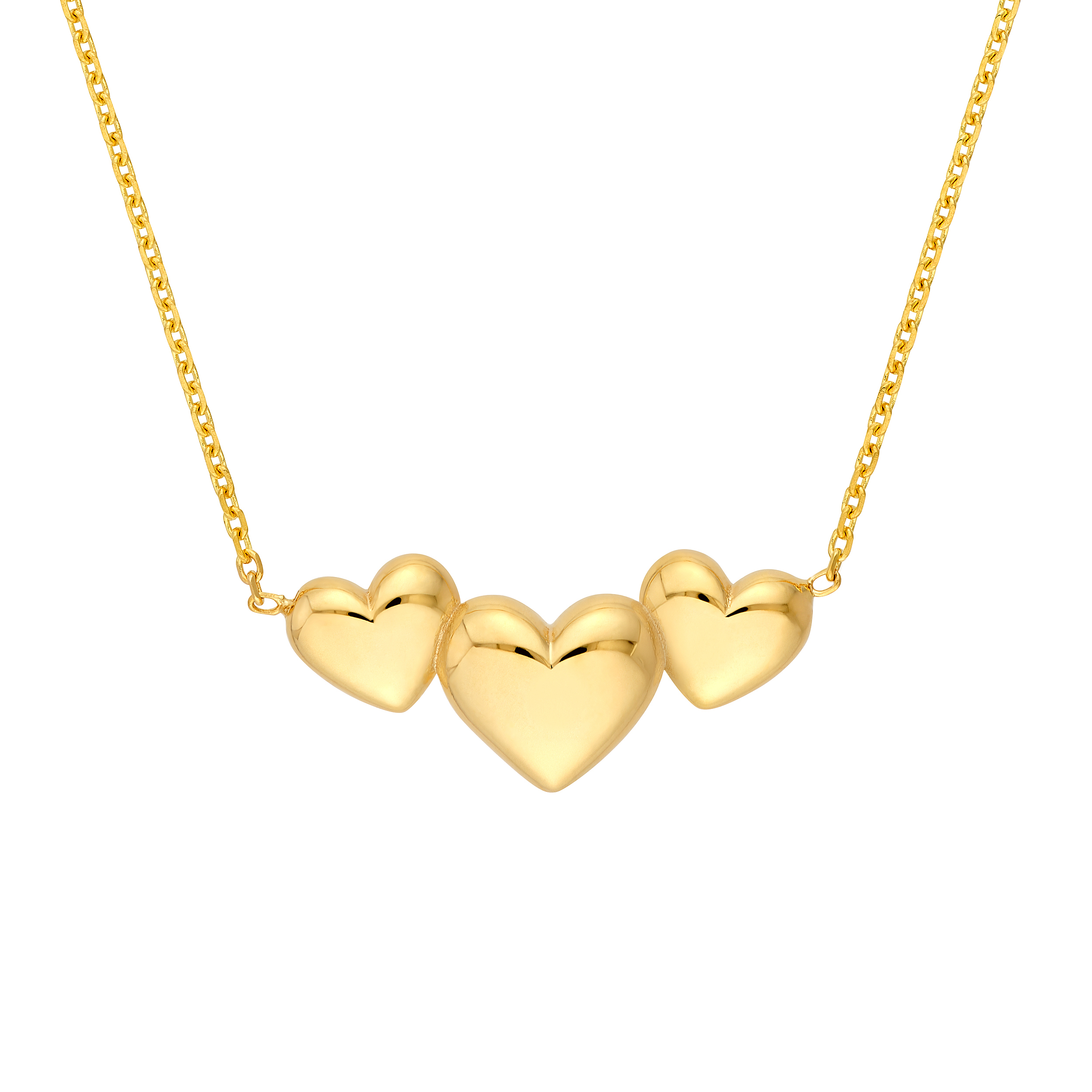 14K Yellow Gold Triple Puffed Heart Gold Necklace