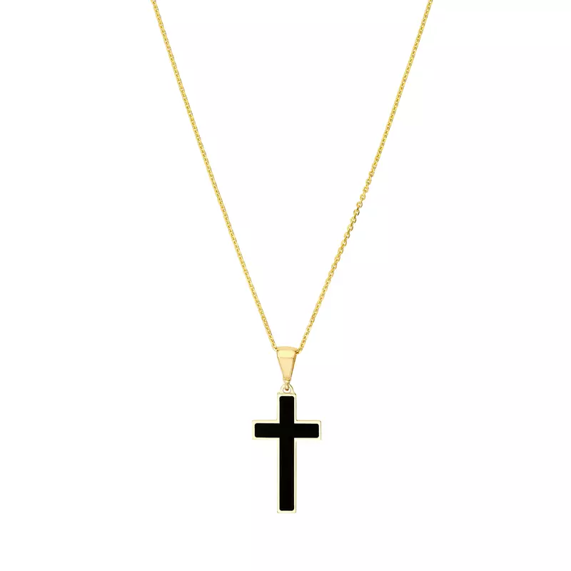 14K Yellow Gold Black Enamel Cross Gold Necklace