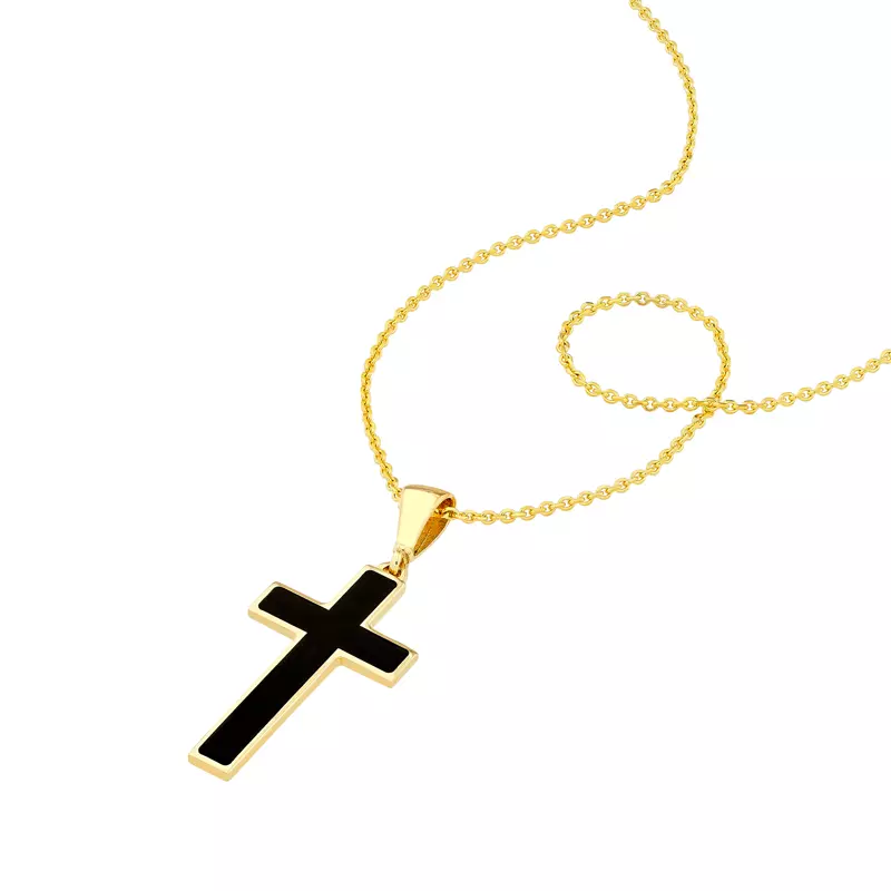 14K Yellow Gold Black Enamel Cross Gold Necklace