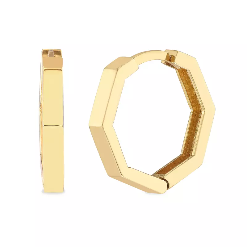 14K Yellow Gold Hexagon Gold Huggie Earrings