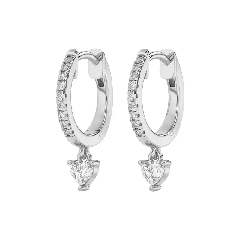 14K White Gold Heart Lab Diamond Drop Huggie Earrings