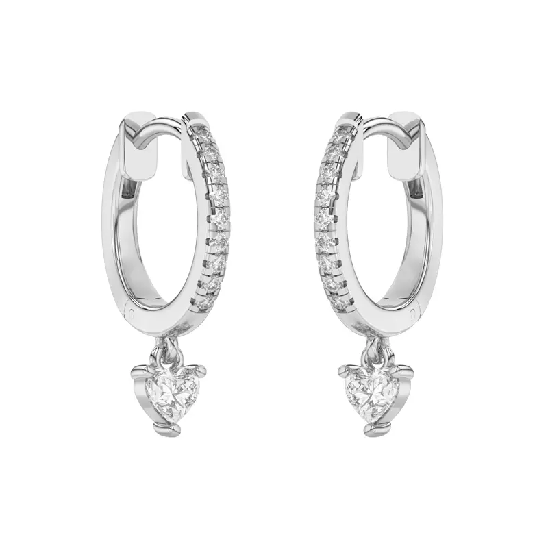 14K White Gold Heart Lab Diamond Drop Huggie Earrings