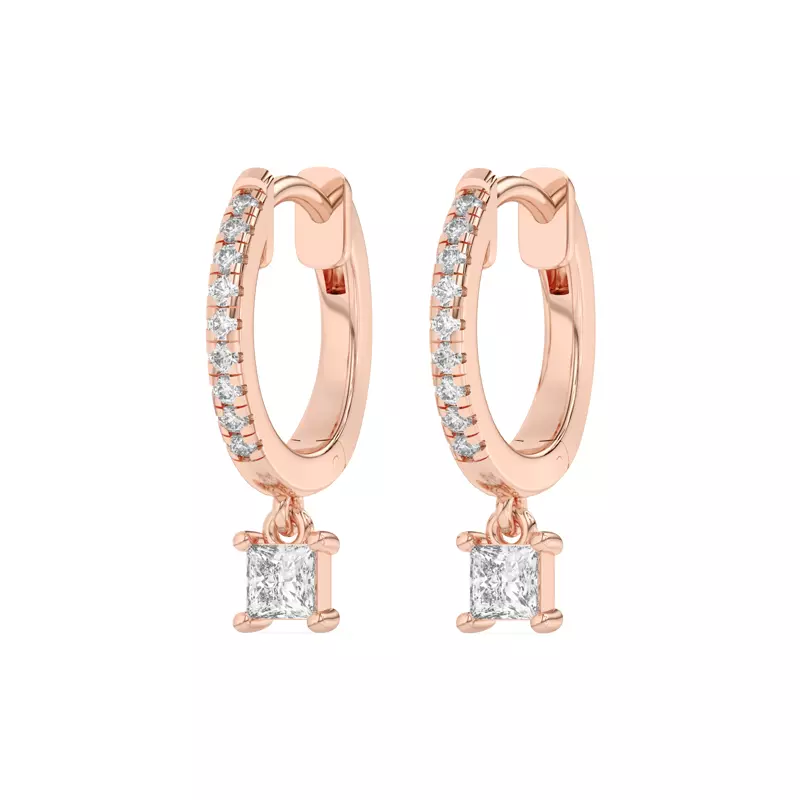 14K Rose Gold Princess-Cut Lab Diamond Drop Huggie Earrings
