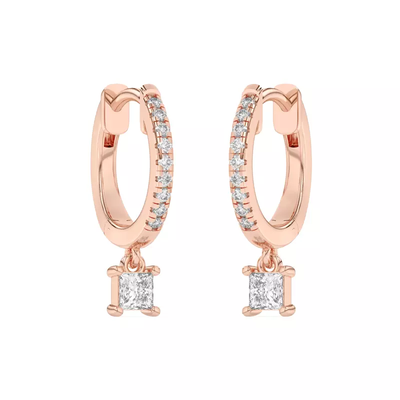 14K Rose Gold Princess-Cut Lab Diamond Drop Huggie Earrings