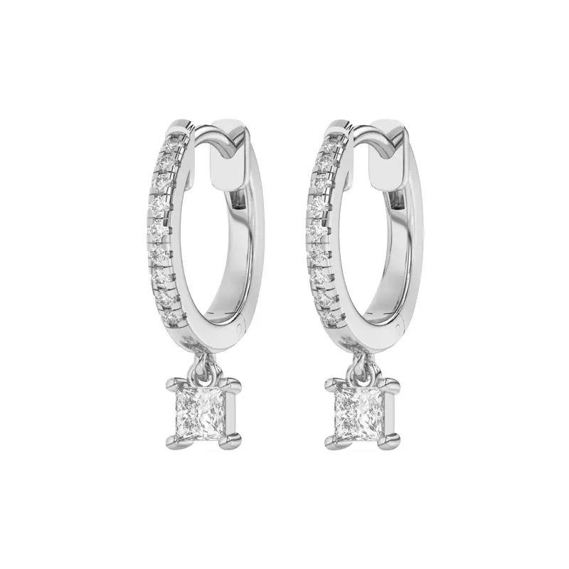 14K White Gold Princess-Cut Lab Diamond Drop Huggie Earrings