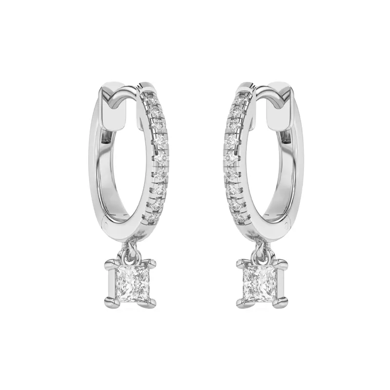14K White Gold Princess-Cut Lab Diamond Drop Huggie Earrings