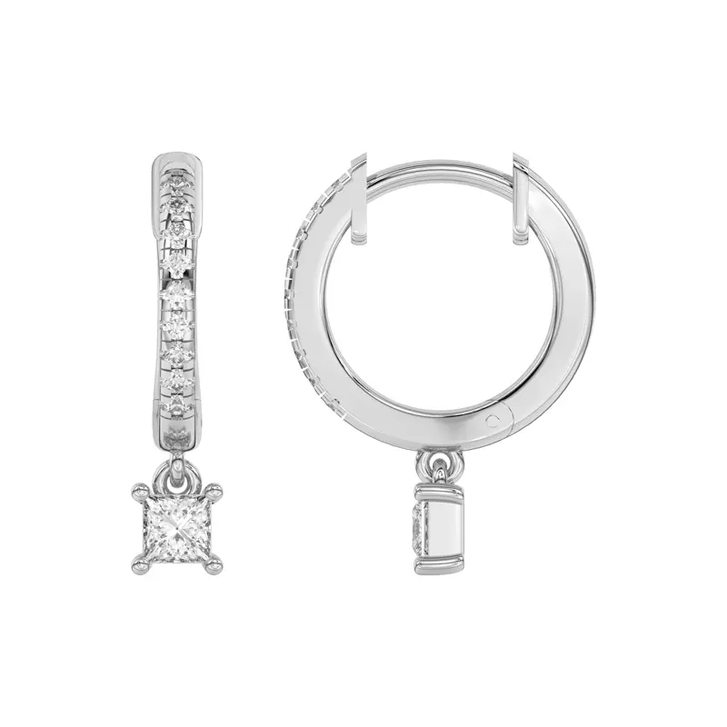 14K White Gold Princess-Cut Lab Diamond Drop Huggie Earrings