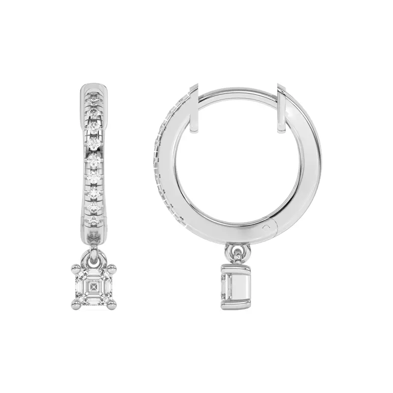 14K White Gold Asscher-Cut Lab Diamond Drop Huggie Earrings