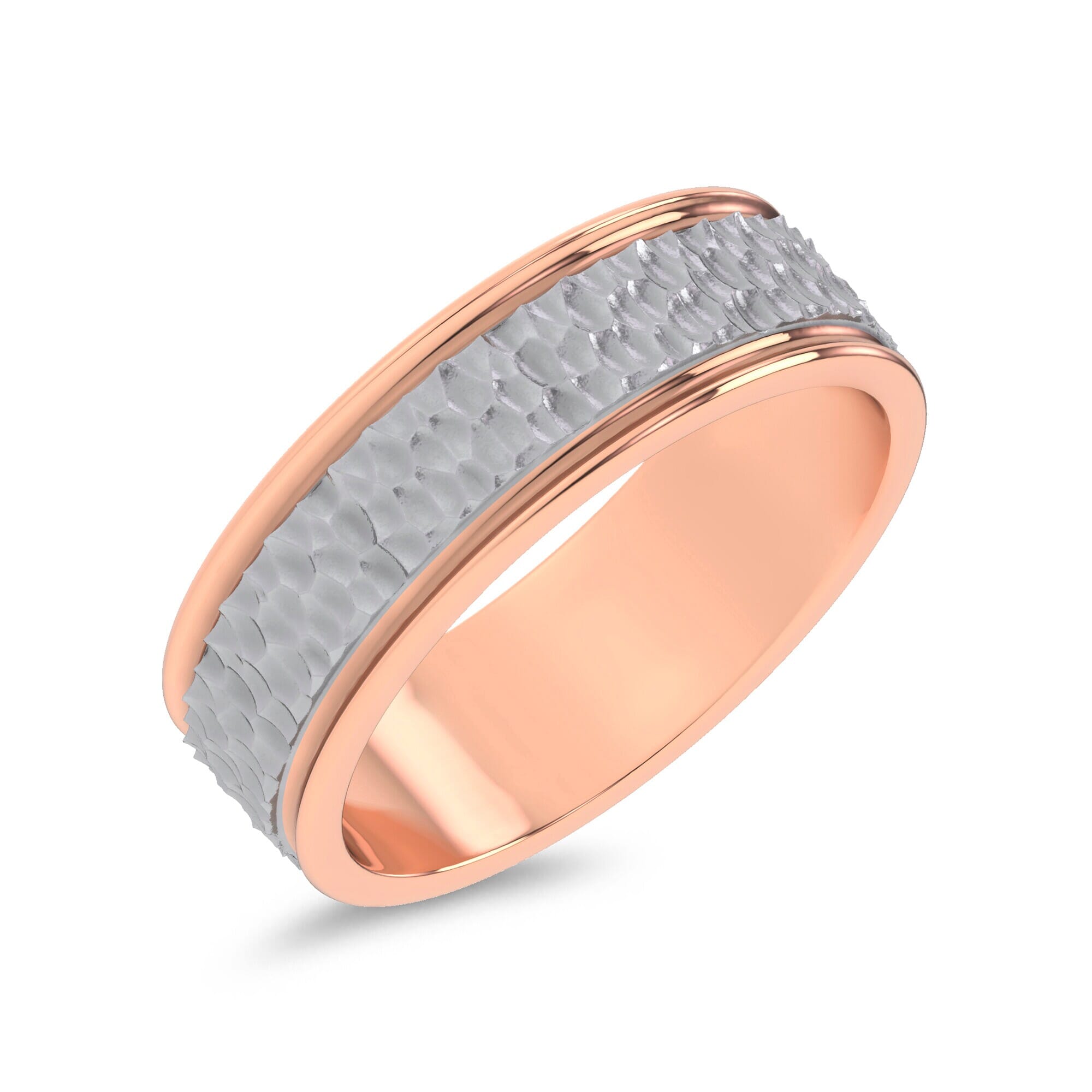 14K Rose Gold Brushed Hammered Center High-Polish Edge Band (7.1mm)