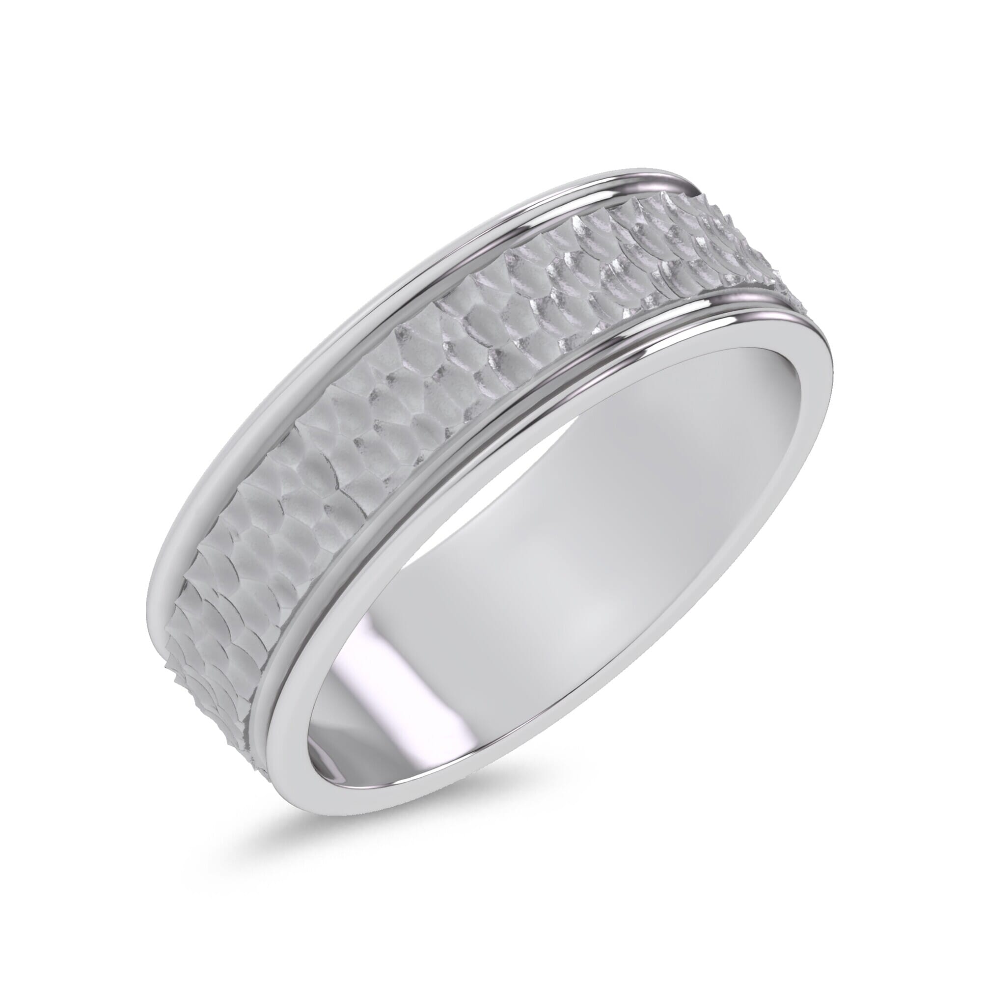 14K White Gold Brushed Hammered Center High-Polish Edge Band (7.1mm)