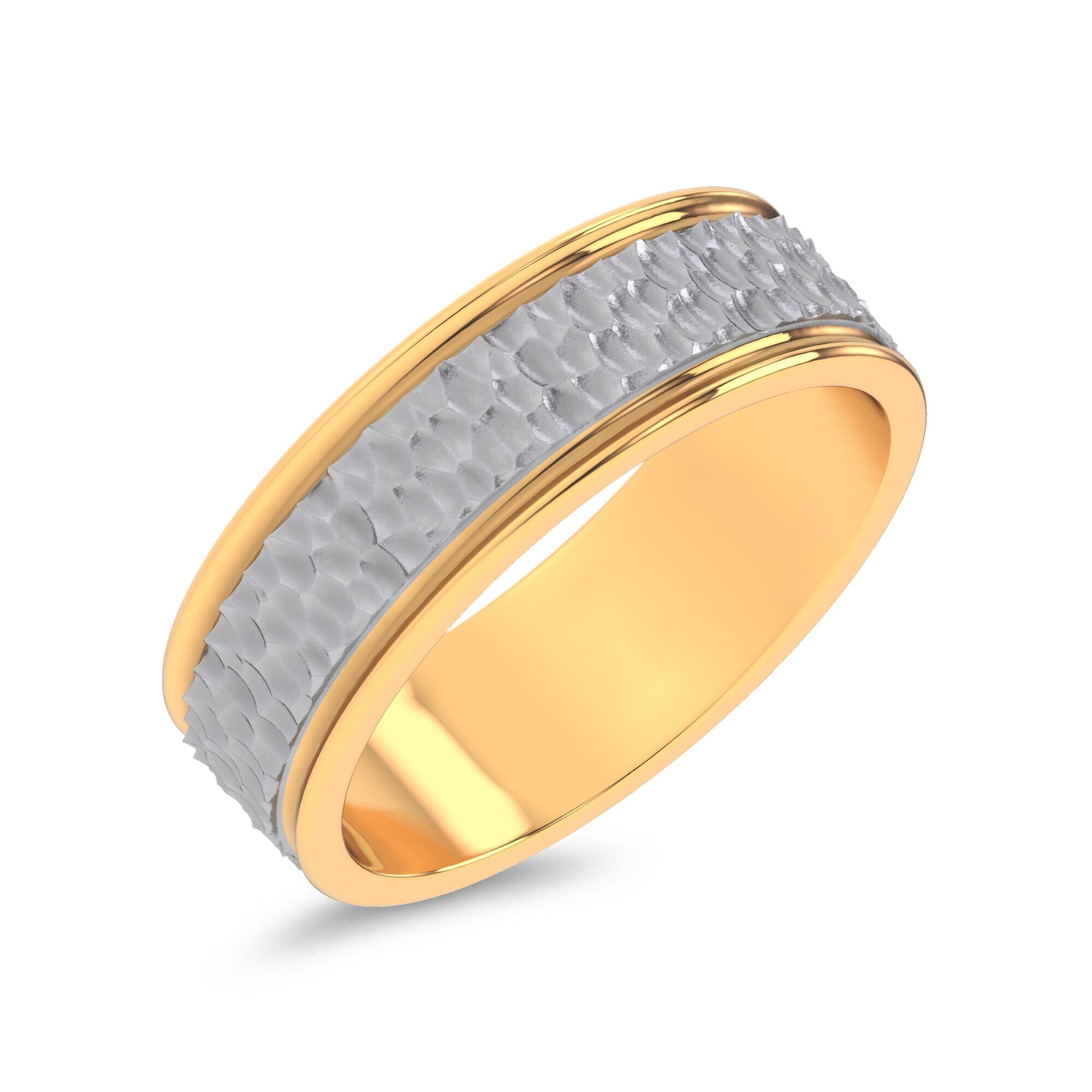 14K Yellow Gold Brushed Hammered Center High-Polish Edge Band (7.1mm)