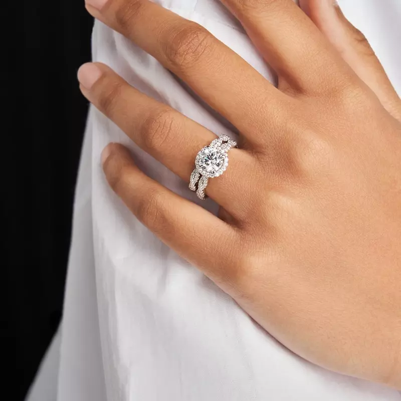 14K White Gold Elsa Halo with Twisted Pavé Band Engagement Ring