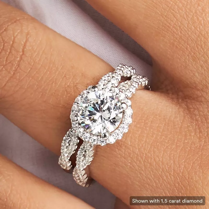 14K White Gold Elsa Halo with Twisted Pavé Band Engagement Ring