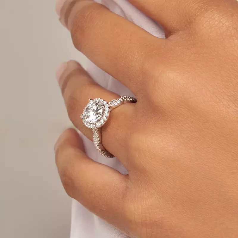 14K White Gold Elsa Halo with Twisted Pavé Band Engagement Ring