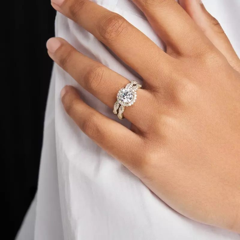 18K Yellow Gold Elsa Halo with Twisted Pavé Band Engagement Ring