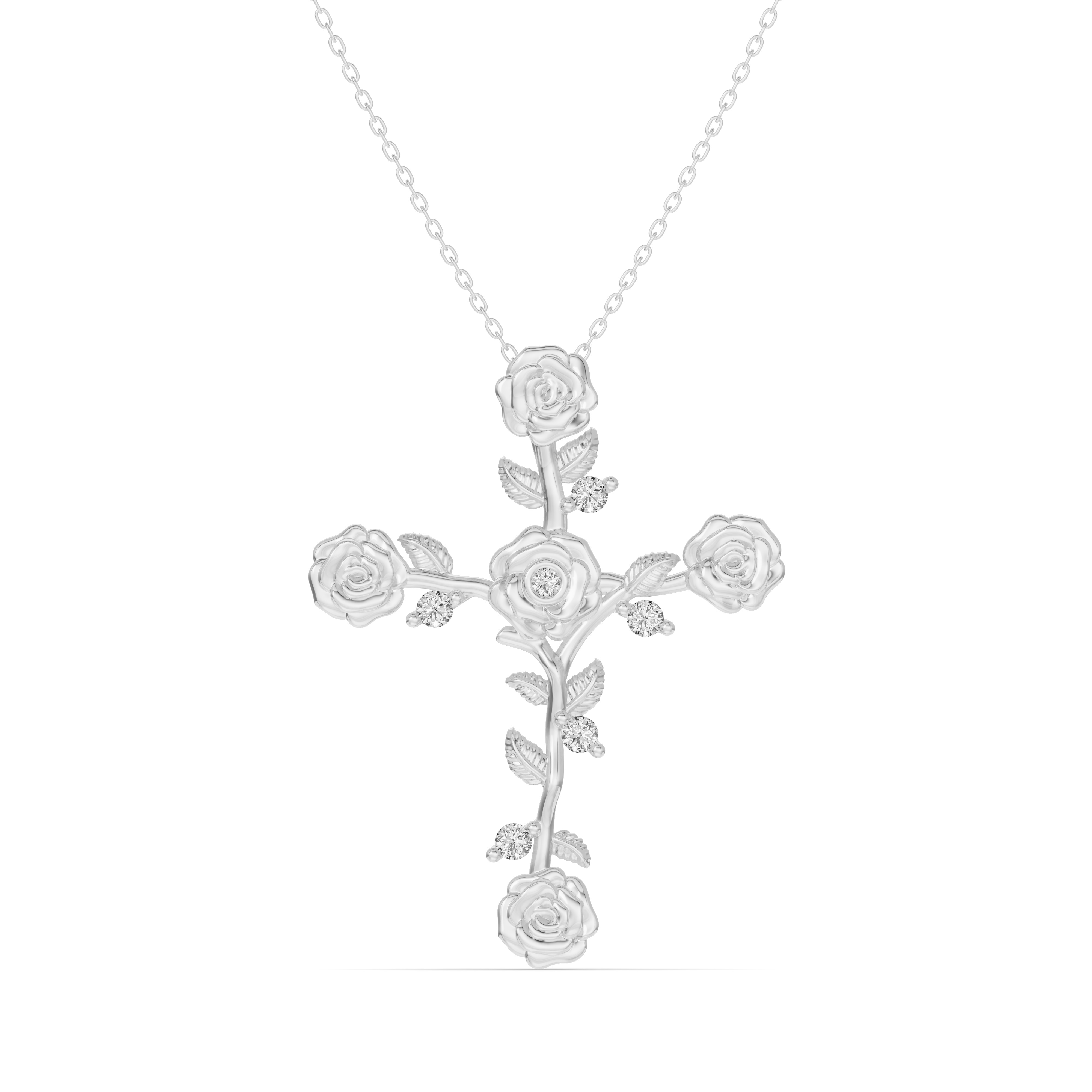 Garden Rose Cross Lab Diamond Silver Pendant - Silver