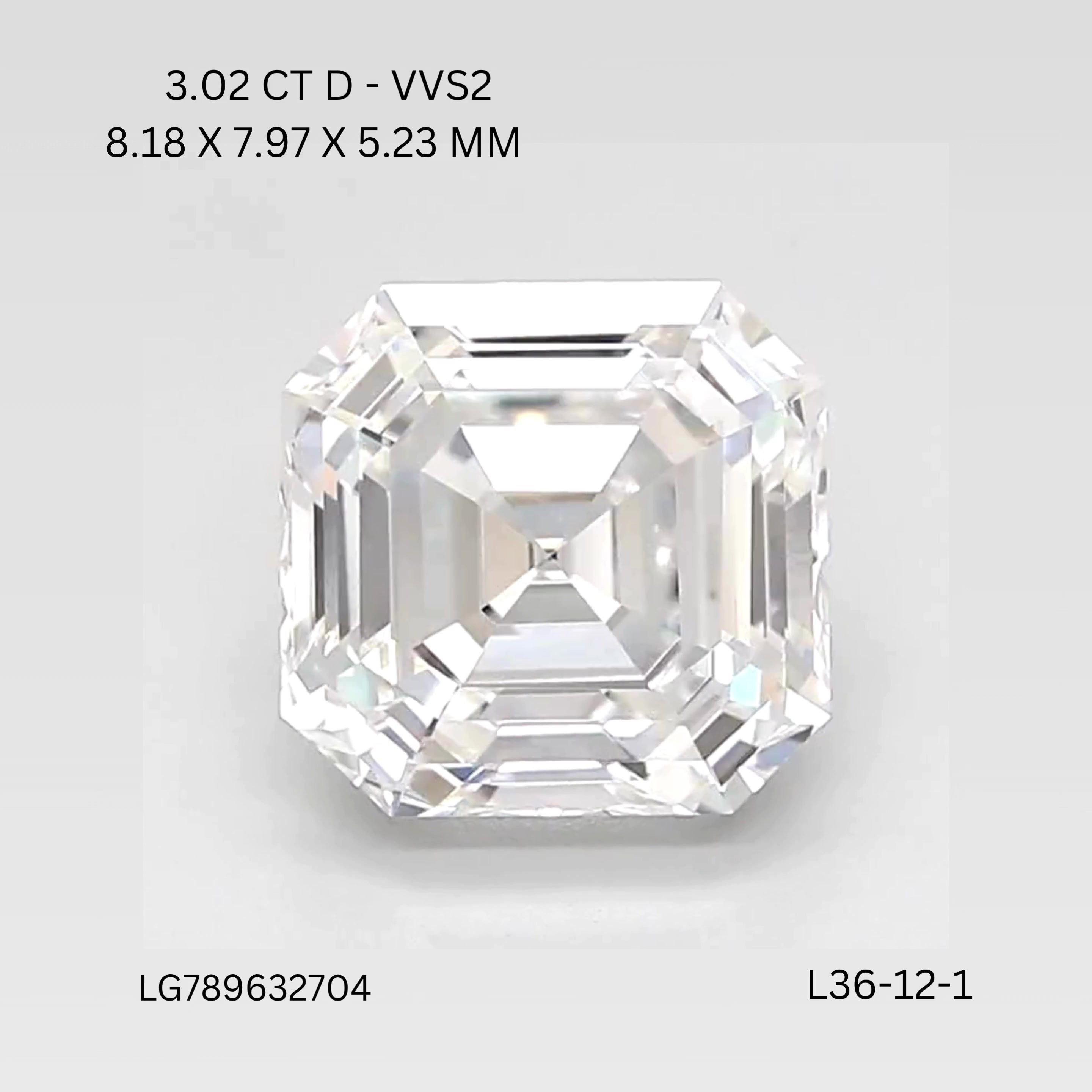 3.02ct D VVS2 Rare Carat Ideal Cut Asscher Lab Grown Diamond